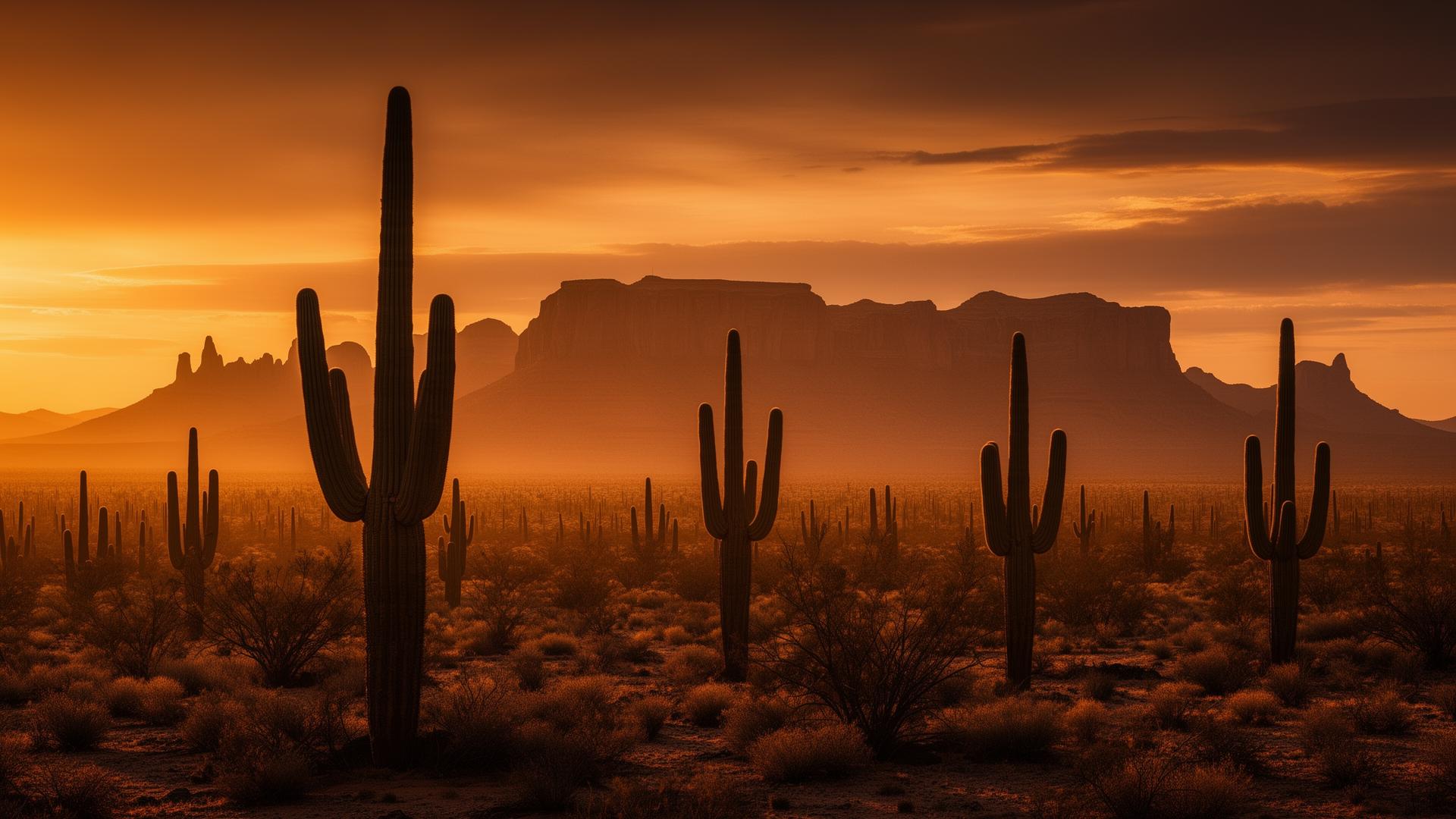 Arizona desert at golden hour outside The Desert Rose Bar & Grill roadhouse in Arlington, Arizona