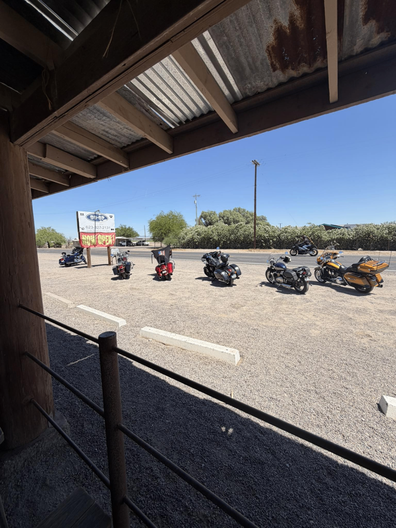 Motorcycles parked out front of the Desert Rose Bar & Grill off Historic Old US 80 in Arlington, AZ